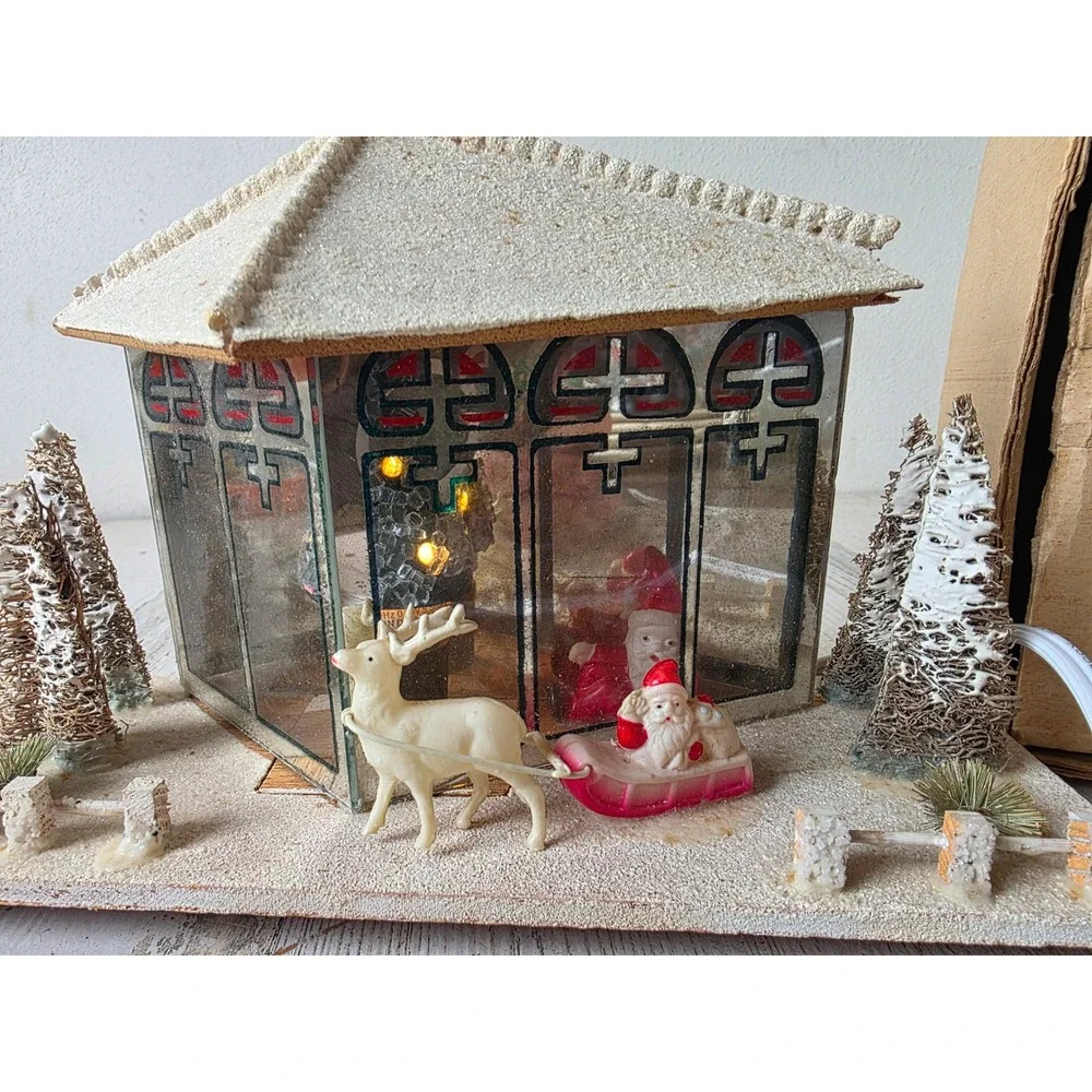 Antique glass electric house light up Santa Japan celluloid putz unique